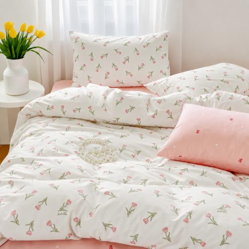 Nayoroom Bettwäsche 135x200 Baumwolle Rosa Tulpen Blumen Wendebettwäsche | Bettbezug Set,Mädchen,Pink,Pflanzenmuster,Blümchen,Floral,Blumenwiese,Aesthetic,Angenehm,Kissenbezug 80x80,Reißverschluss