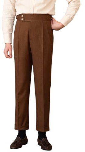 Pantalones Gurkha para hombre, pantalones de tweed de cintura alta recta estilo italiano vintage estilo nápoles sin cinturón, marrón, 29W