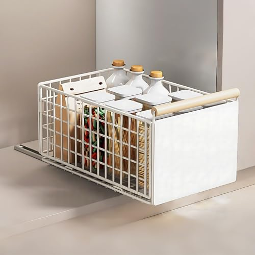 Telescopic Drawer, Foldable Extendable Drawer Kitchen, 23.5 x 19.5 x 39.5 ~ 56.5 cm, Metal Extendable Cabinet Organiser, No Drilling Pull Out Cabinet Drawer Organiser, Kitchen Cabinet Organiser, White