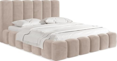WFL GROUP Polsterbett 120x200 mit Bettkasten und Lattenrost – Creme Bett mit hohem Kopfteil, Boucle oder Samt Stoff - Modernes Doppelbett mit Stauraum – Bettgestell, ohne Matratze – Serenity - Creme