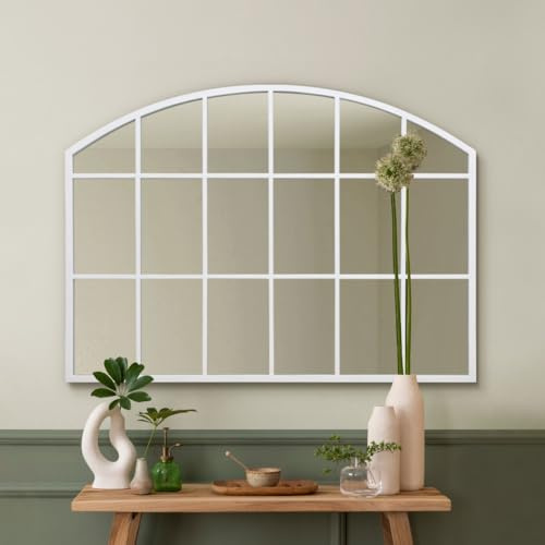 MirrorOutlet The Arcus - White Framed Modern Over Mantle Arched Wall Window Mirror 35 X 26 (90CM X 65CM) Silver Mirror Glass with Black All weather Backing.