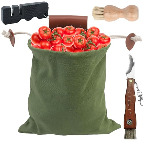 Väska för fodersökning, 20 × 15 cm fruktplockningsväska kanvas med kvast och svampkniv, hopfällbar morkel jaktväska, svampkniv med borste, svampborste med vildsvinborst (grön)