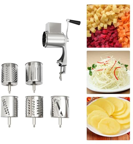 Edelstahl Manuelle Kartoffelreibe Reibemaschine Multifunktionsreibe Trommelreibe Handumdrehen GemüSeSchneider Käsemühle 5 Klingen Zerkleinern Schneiden Granulieren Aufschäumen Gurken Käse Karotten