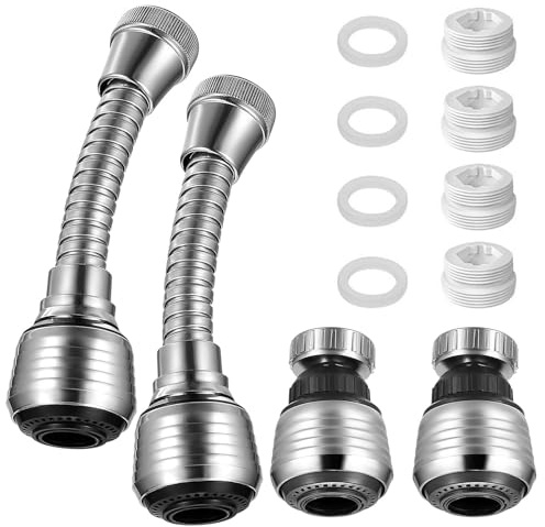 Douchette Robinet Cuisine,4 PCS Douchette et Mousseur Robinet Cuisine Flexible Pivotant à 360° Rallonge Embout Aérateur Économie d'Eau Adaptateur pour Évier de Cuisine et Salle de Bain