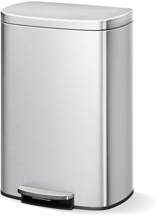 GarveeHome 50 L Metall mülleimer mit Deckel, großer Mülleimer für die Küche, rostfreier Tretmülleimer aus mit Müllbeutelrand, Griff an der Rückseite, Soft-Close-Deckel aus Kunststoff, Edelstahlfarbe