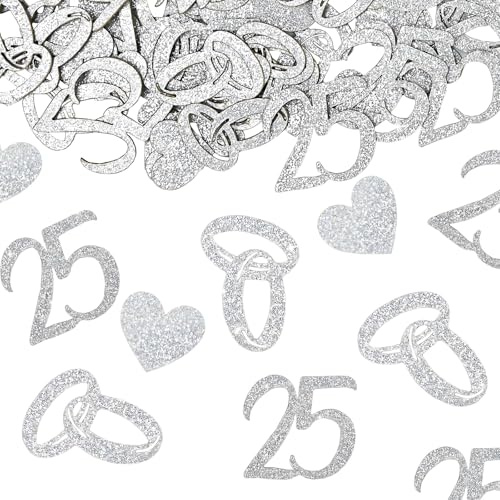 NISENTIA 100 Stück Silberhochzeit Deko Konfetti Geschenk, Streudeko Tischdeko Silberhochzeit Ring, 25 Herz Motiven, Tischdeko Hochzeitsdeko für 25. Hochzeitstag Dekoration zur Silberne Hochzeit
