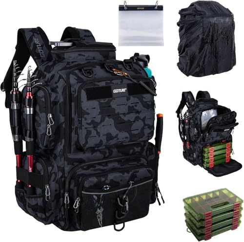 Goture 45L Sac à Dos de Pêche Étanche, Tissu Oxford 900D Robuste | Souple et résistant à l'eau. Livré avec 2 porte-cannes, 1 housse de pluie et 4 boîtes à appâts pour organiser votre matériel