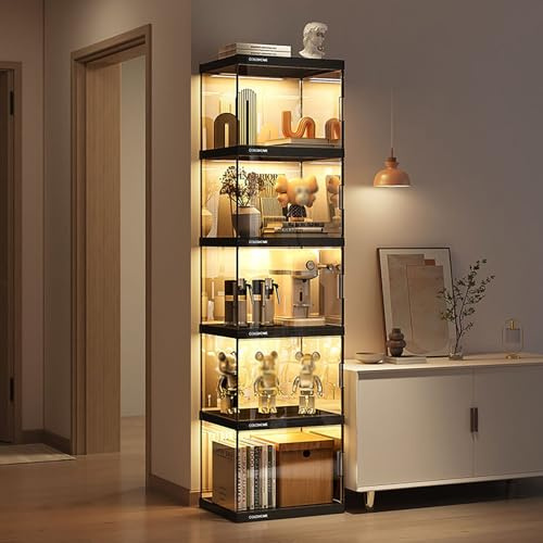 Pounjsd Glas Vitrinenschrank mit LED, Curio-Schrank, Vitrinenschrank Eckvitrine Glasvitrine Standvitrine, sammlervitrine hergestellt, glasvitrine stehend Groß für Wohnzimmer, Schlafzimmer, Büro