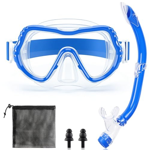 IEEILULU Taucherbrille mit Schnorchel Kinder mit Schnorchel Tauchset Ohrstöpsel Netztasche, 180°Anti-Fog Anti-Leck Verstellbare Elastische Schwimmbrille für Anfänger im Schwimmen (Blau)