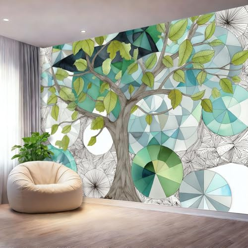 Panorama Carta da Parati Murale 150 x 105 cm, Acquerello Geometria Albero Cerchio Carta da Parati Fotografica Colorato Murale Adesivo da Parete Poster Effetto 3D Decorazione Soggiorno