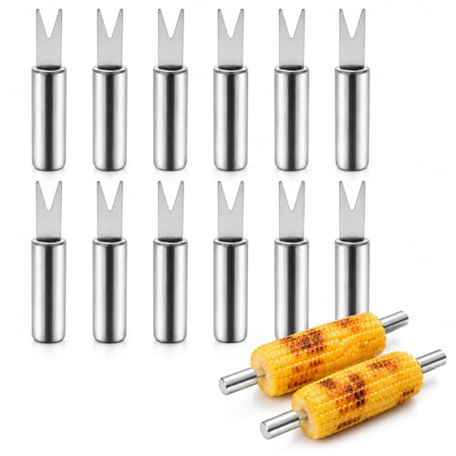 12PCS Stainless Steel Corn on The Cob Skewers – Sweetcorn Holders & Forks, BBQ Camping Kitchen Party Cooking Tools (Silver)