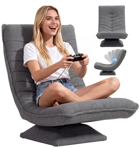 Asukale Sessel Wohnzimmer Bodenstuhl 360° Drehbar, Montagefrei, Grau Leinen | Verstellbarer Rückenlehne, Klappbar, Belastbar bis 150 kg, 60 x 105 x 87 cm, Ideal als Gaming Sessel oder Lesesessel
