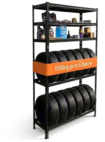 Relaxdays Reifenregal für 12 Reifen, HxBxT 210 x 120 x 40 cm, 750 kg, Stahl, Stecksystem, Reifenlager Werkstatt, schwarz