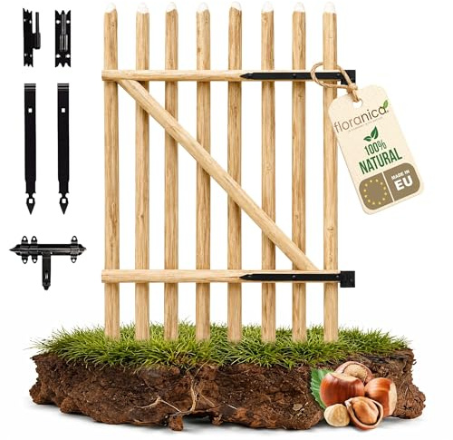 Floranica Portillon en bois de noisetier pour clôture à piquets Hauteur 50 cm x 100 cm 1 vantail – prêt à poser incl. charnières