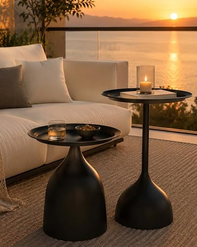 Amveya Lot de 2 Tables d’Appoint Extérieur Métal Étanche Petite Table Basse Exterieur Table de Jardin Moderne, Bout de Canapé Tables Salon, Balcon, Terrasse & Intérieur, Ø40 cm, Noir