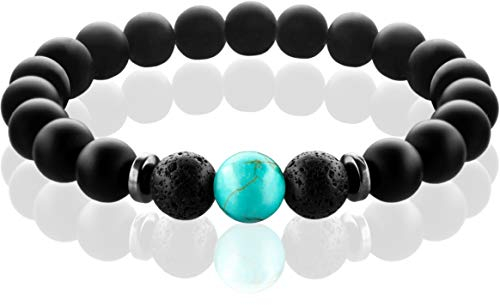 FABACH Spirituals™ Chakra Perlenarmband mit 8mm Turquoise-Perle, Lavastein und Onyx-Naturstein (schwarz) - Yoga Armband aus 21 Heilsteinen - Energiearmband für Damen und Herren