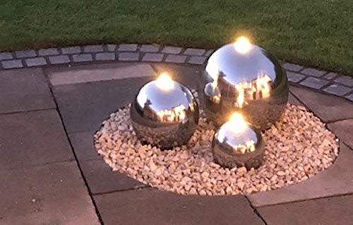 Kugelbrunnen 3er-Set 28/25/20 cm Springbrunnen Komplettset Gartenbrunnen Edelstahl poliert LED