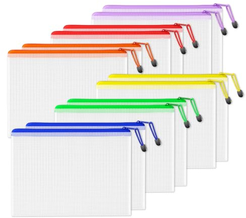 SUNEE Dokumententasche A4, 12 Stück Wasserdichte Mesh Dokumententaschen mit Reißverschluss in 6 Farben, Kunststoff Datei Taschen für Bürobedarf, Schule, Haushalt & Reisen