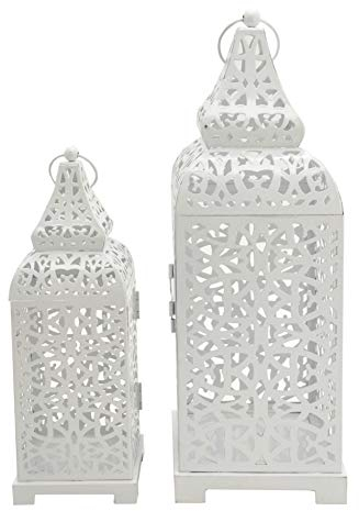 Rebecca Mobili 2 Juego Linternas Portavelas de Metal Etnico, Blanco Brillante, para Velas Flores, Salón Jardín - Medidas: 39 x 14,5 x 14,5 cm (A x AN x FON) - Art. RE6551