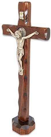 La Balestra Crocifisso San Benedetto in legno naturale da tavolo - cristo placcato argento 999 - prodotto in Umbria Italy - 25x14 CM