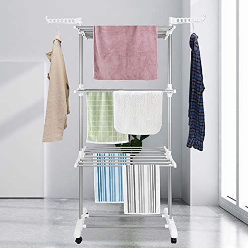 Innotic Clothes Drying Rack 4-Tier Foldable clothes horse Movable Laundry Clothes Airer with 4-Wheels for Home Storage Indoor outdoor (White-Grey)
