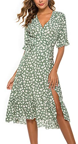 Masrin Damen A-Linie Kleid Sommer Flare Ärmel V-Ausschnitt Skaterkleid Mit Schärpen Lässiger Blumendruck Schlitz Knielanges Kleid Urlaub Strandkleid Partykleid