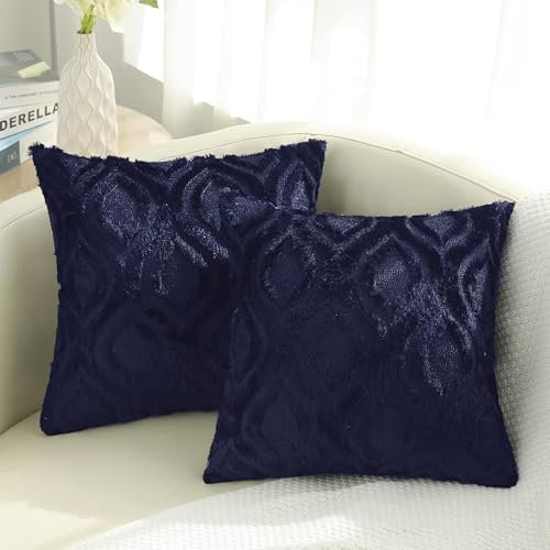 decorUhome Set of 2 Faux Fur Cushion Covers 40x40 cm, Decorative Soft Plush Fluffy Velvet Cushion Cover 16X16 Inch, Square Boho Neutral Pillow case for Sofa, Navy