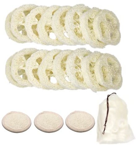 50Pcs Natural Loofah Slice of 1.96inch, Reusable Natural Loofah Cuts for Cleaner Sponge Scrubber, Facial Soap Holder and DIY Customize Soap Tools, with 3Pcs Exfoliating Loofah Pad and 1 Storage Bag