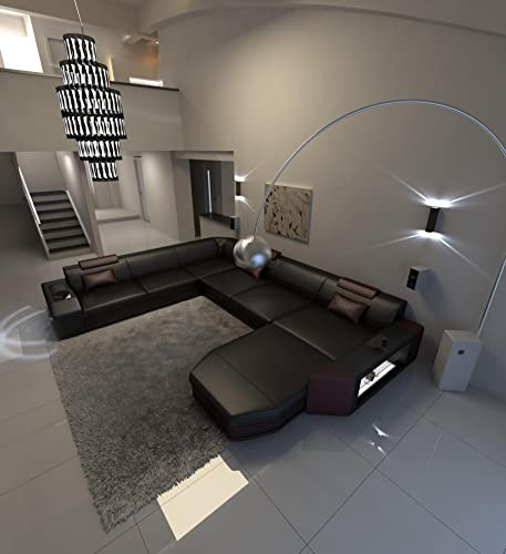 XXL Sofa Wohnlandschaft Prato Ledersofa U Form - mit LED Beleuchtung, verstellbare Kopfstützen, Recamiere/Lederfarben wählbar/Ausrichtung wählbar (Ottomane rechts, Schwarz-Weinrot)