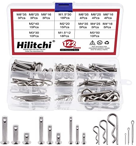Hilitchi 122Pcs 304 Stainless Steel Clevis Pin and Clips Assortment Kit, Including 9 Styles M4 M6 M8 Single Hole Clevis Pin M1.5 M2 M3 Zinc Plated Steel Cotter Pin & R Clips Spring Retaining Hair Pins