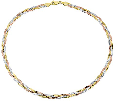 Bling Jewelry Flache Flexible 14K Gelb Rosengold Overlay .925 Sterling Silber 5Mm Twist 3 Tri Tone Herringbone Braided Magic Schlange Chain Halsreif Halskette Für Frauen Hergestellt In Italy 18 Inch