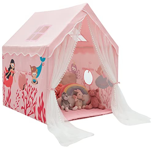 GOPLUS Spielhaus Kinder Indoor, Kinderspielzelt mit Dicker Matte, 2 Fenster, Vorhängen & Gaze, Kinderspielhaus für Kinderzimmer, Prinzessin Zelt, Kinderzelt für 2-3 Kinder ab 1 Jahre (Rosa)