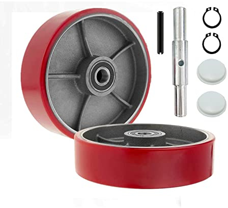 Legines Pallet Jack/Truck Steering Wheels Set with Axle, Fasteners and Protective Caps (2 pcs) 7 x 2 with Bearings ID 20mm Poly Tread Red