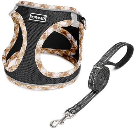 DORAMIO Hundegeschirr Kleine Hunde mit Leine, Step-in Geschirr Reflektierend Atmungsaktiv Brustgeschirr Anti Zug Sicherheitsgeschirr Katzengeschirr für Kleine Hunde, Katzen (Schwarz Gelb, XS)