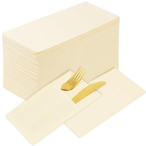 KAMMAK 100-pack engångskräm tyg som pappersservetter, vikbara, premium tjocka pappersservetter inbyggda bestickficka, lång hand pappershandduk för fest jul bröllop badrum och evenemang
