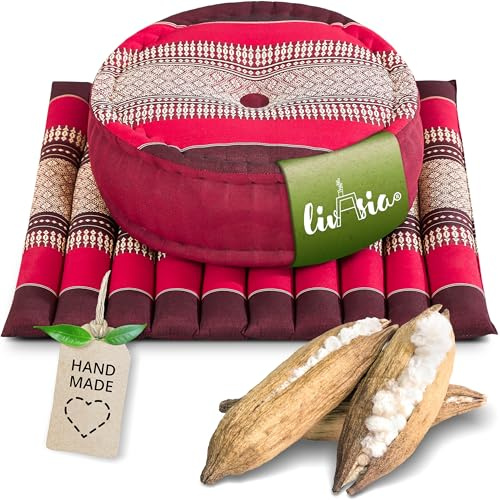Livasia Ensemble méditation L - Ø 38x15cm/Tapis 50x50x4,5cm - Ensemble Yoga avec Coussin et Tapis, Pouf, Tapis de Yoga Fait Main avec du kapok, Coussin de Sol d’extérieur, Coussin zafu (Rouge Rubis)