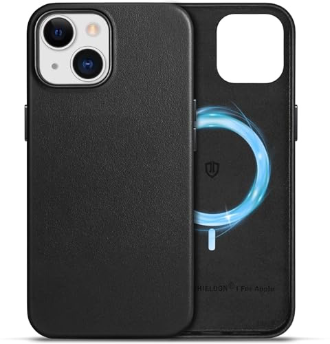 SHIELDON Lederhülle für iPhone 15 6,1 5G 2023, Schwarz | Echtleder, Kabelloses Laden, Stark Magnetkraft, Anti-Fingerabdruck, Kratzfest, Dünn Schutzhülle, Lederhülle, Handyhülle