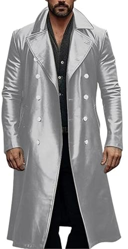 YANQSHM Mens Leather Trench Coat,Relaxed Fit Double Breasted Full Length Jacket Gothic Faux Leather Steampunk Overcoat Casual Outwear Leather Duster Coat For Men 3Xl Silvery