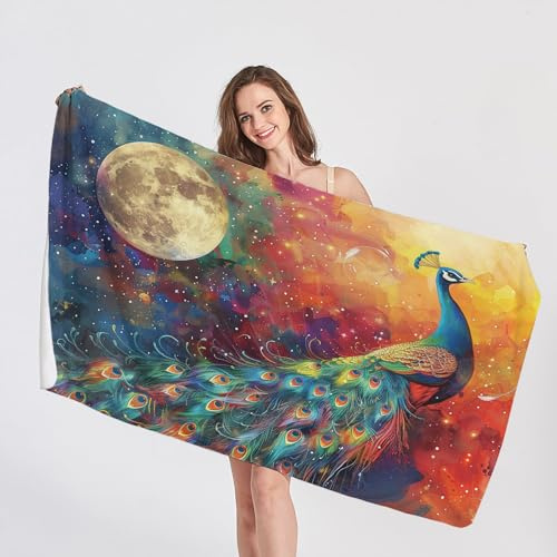 QEODAH Strandtuch Groß 100x200 Pfau - Schnelltrocknend & Ultraleicht & Sandfrei & Weich Mikrofaser Handtücher, Mond Strandhandtuch Badetuch Handtuch, Pflegeleicht Badetücher