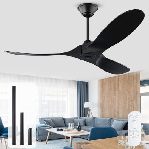 OUENGK 132 cm schwarzer Deckenventilator (ohne Licht), Deckenventilator aus Holz für den Außenbereich mit Fernbedienung wasserdicht, leiser reversibler DC-Deckenvetilator mit hohem Luftstrom
