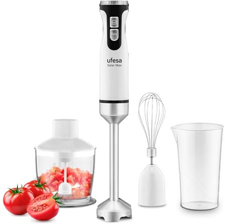 Ufesa Solar Max Stabmixer, Leistung 1200W, 12 Geschwindigkeiten + TURBO, 4 Edelstahlklingen, ergonomisches und spritzfreies Design, Zubehör inklusive, BPA-frei
