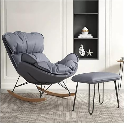 SZITW Freizeit-Sofa-Schaukelstuhl, Schaukelsessel für das Wohnzimmer mit hoher Rückenlehne und Ottomane, Schaukelstühle aus Stoff im Mid-Century-Stil mit Beinen aus Massivholz (Farbe: Grau-2)
