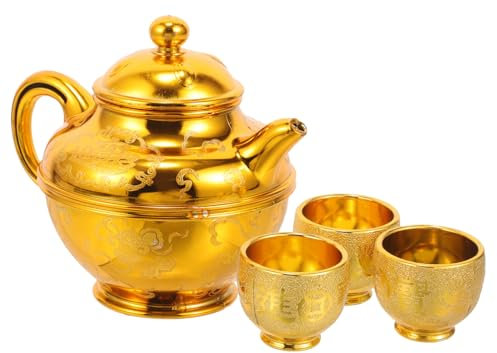 Cabilock Teteras y Tazas De Ofrendas Budistas Clásicas Arena Dorada, Juego De 1 Tetera y 3 Tazas De Cerámica, Para Culto y Decoración Del Hogar y Templo