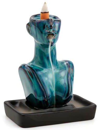 Qaixwuyi Bruleur D'encens Bleu Porte Encens Céramique Backflow Incense Burner avec 20 Encens Cone Refoulement 1 Pince 1 Tapis pour Méditation Yoga Bureau Chambre à Coucher Salon