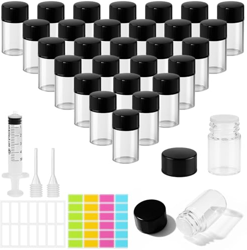 MirraSwit 30Pcs 2ml Botellas de Muestra de Vidrio, Botellas de Vidrio transparente, Pequeños Recipientes de Aceites Esenciales con Jeringas, Goteros, Etiquetas para Aromaterapia, Perfumes