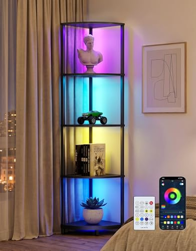 PARTPHONER Corner Shelf with LED Light, 5 Tier Smart Color Changing Floor Lamp with Remote, 62 Display Shelf Bookshelf Narrow Storage Rack Standing Lamp for Living Room Bedroom Home Office Décor