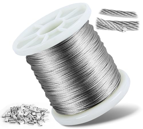 100M Cuerda de alambre, cable de acero inoxidable 304, núcleo 7x7 hilos, resistencia 100 kg, incluye 100 abrazaderas de aluminio, ideal para plantas trepadoras, tendedero exterior, lámpara colgante