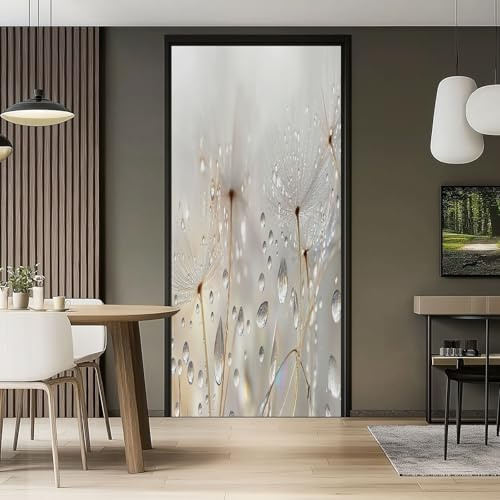 Carta Parati Porta Rimovibile PVC Autoadesivo 95 x 215 cm Adesivi Per Porte Interne Pianta Di Tarassaco Elegante 3D Soggiorno Cucina Camerette Bagno Autoadesivo Porta Murale Decorazione, Crema