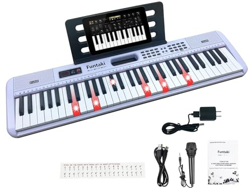 Funtaki Piano de teclado interactivo de 61 teclas para niños, teclas iluminadas, soporte MIDI, 200 sonidos y canciones de demostración, piano eléctrico portátil para edades de 3 a 7 años principiantes