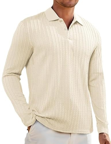 Elegancity Men's Polos Shirt Long Sleeve Regular Fit Cable Knit Golf Polo Shirts for Men Business Casual Solid Color Breathable Work T-Shirts